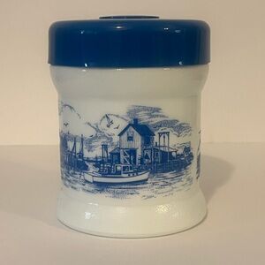 Vintage White Milk Glass Canister With Blue Nautical Scenes, Blue Lid